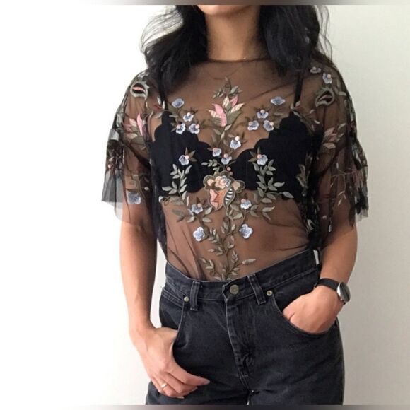 Zara Tops - Zara Woman Black Floral Embroidered Tulle Blouse Womens Size Medium